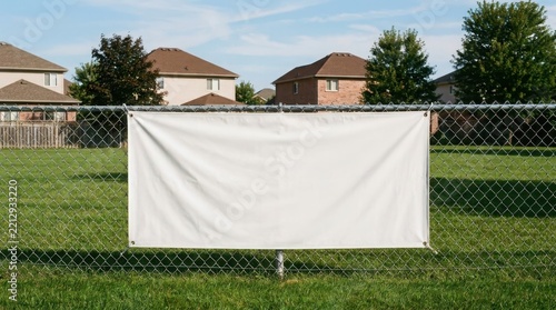 Blank white banner mockup on a suburban fence