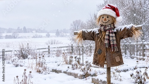 Christmas scarecrow in Santa hat in snowy garden, festive rural winter holiday concept
