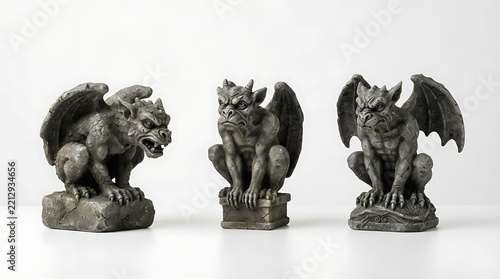 Three detailed stone gargoyle statues isolated on white background