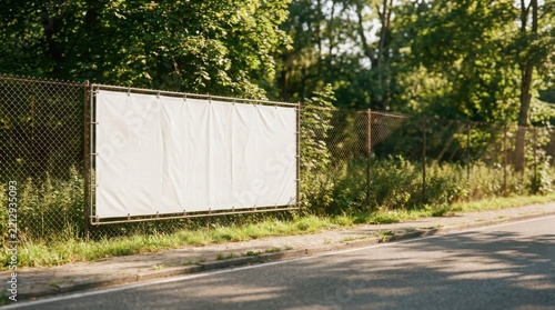 Blank white banner on a wire fence along a road