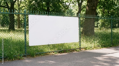 Blank white banner hanging on a green metal chain link fence