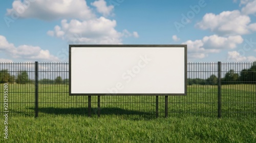 Blank billboard sign standing in a green field with blue sky