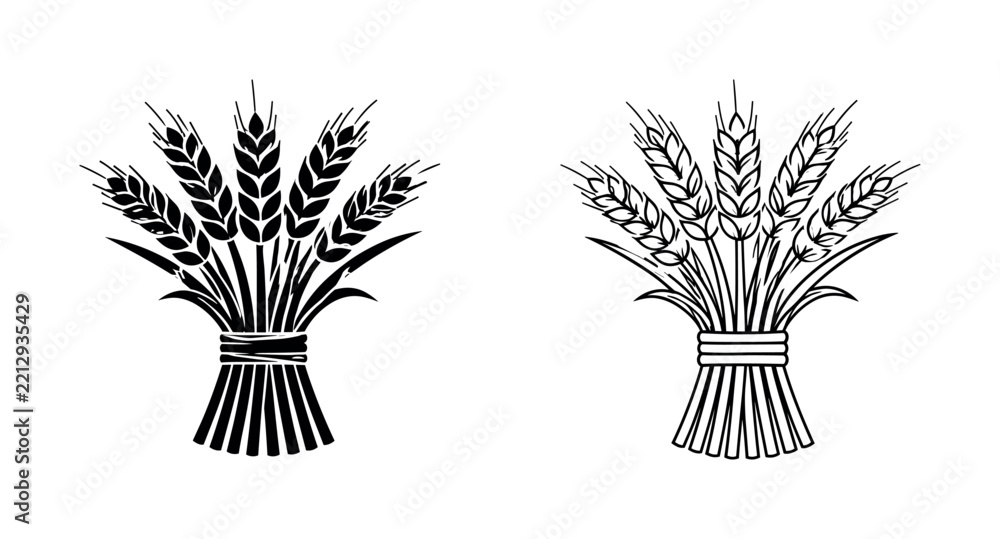 Fototapeta premium Two stylized wheat sheaf icons in solid black and outline graphic design on white background
