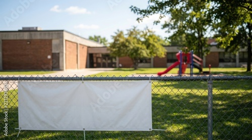 Empty white banner on a chain link fence at a playground