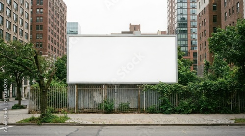 Blank billboard sign on city street with apartment buildings