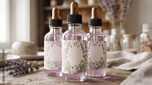 Lavender essential oil dropper bottles on rustic wooden table
