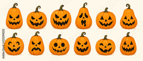Collection of orange jack-o-lanterns with various spooky carved faces for Halloween decoration