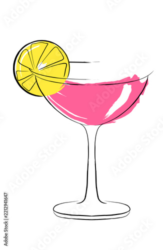 Pink cocktail with lemon hand deawn sketch
