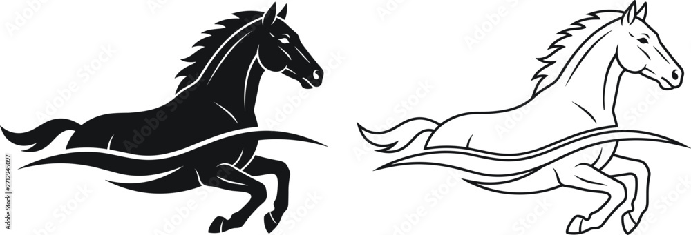 Fototapeta premium Running Horse Silhouette and Outline Vector Icon Set with Abstract Wind Waves for Equestrian Sports Ranch and Corporate Branding Logo Designs