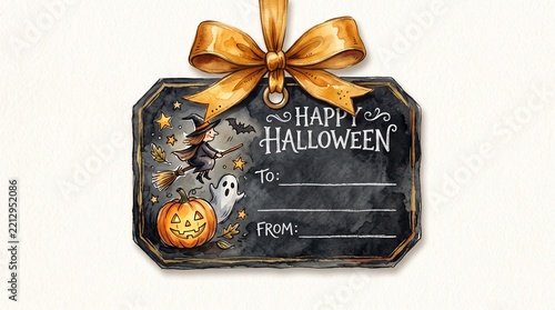 A decorative black gift tag with a gold ribbon and festive illustrations for the autumn holiday season with bow textured background