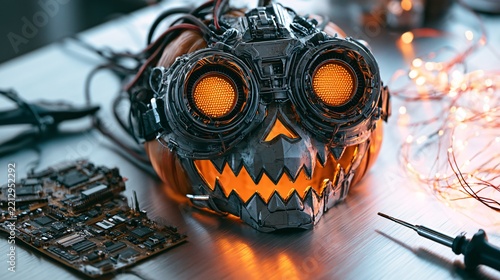 A high-tech mask and goggles are placed on a pumpkin with glowing eyes
