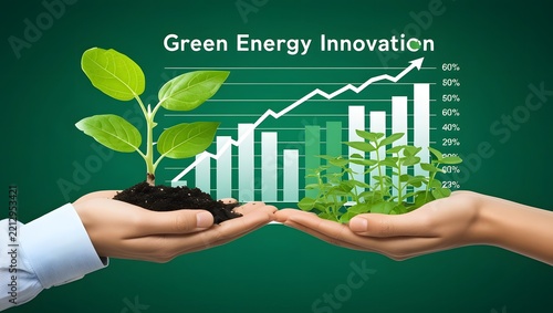 Green energy innovation with renewable investment, ESG strategy for sustainable business and environmental. Hand holding growing plants with stock market graph for clean growth and eco technology