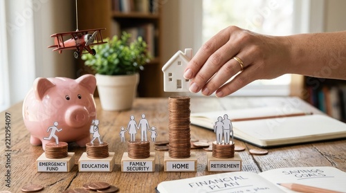 Person placing a miniature house model on a stack of coins next to financial planning goals and a piggy bank