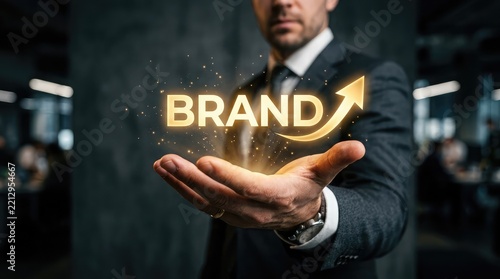 Businessman in a suit holding a glowing digital brand growth icon with an upward arrow in an office
