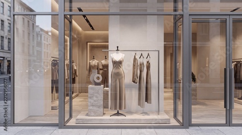 Modern Luxury Boutique Storefront Window Display with Mannequin and Silk Dresses