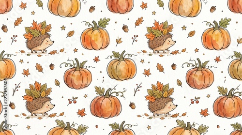 Seamless pattern featuring cute hand drawn hedgehogs carrying colorful autumn leaves and orange pumpkins on a white background