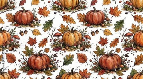 Seamless autumn pattern featuring hand drawn pumpkins mushrooms acorns and colorful fall leaves on a white background with orange pumpkins