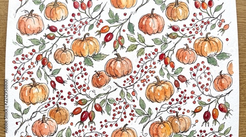 Watercolor painting featuring a repeating pattern of orange pumpkins and red berries on white paper with watercolor illustration displays