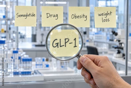 GLP-1 Focus: A magnifying glass highlights GLP-1 on a sticky note, surrounded by others detailing Semaglutide, Drug, Obesity, and weight loss, set in a laboratory environment.