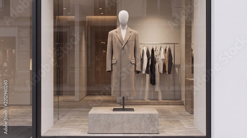 Mannequin Wearing Beige Wool Overcoat in Minimalist Fashion Boutique Window Display