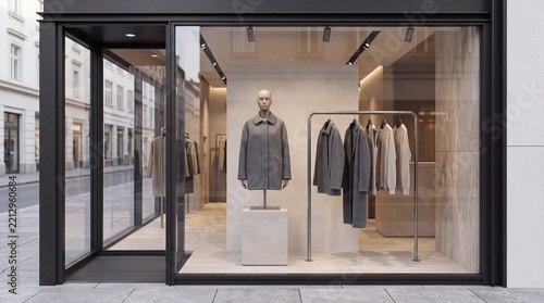 Modern Minimalist Clothing Boutique Storefront Window Display with Mannequin and Clothes Rack