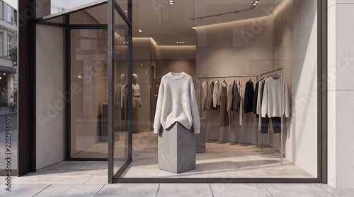 Minimalist Clothing Storefront Window Display with Knitwear on Stone Pedestal and Garment Racks