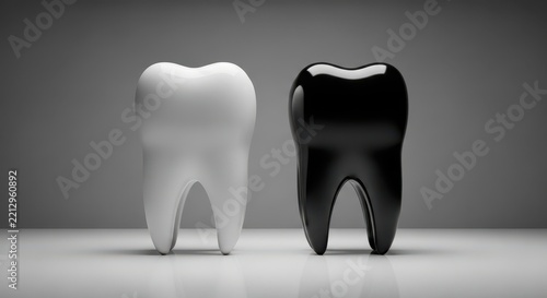 Comparison of a bright white tooth and a dark black tooth standing on a smooth reflective surface