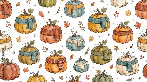 Watercolor seamless pattern featuring colorful pumpkins wearing cozy knitted scarves on white background with displays various pumpkins