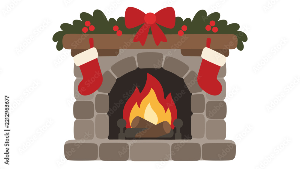 Fototapeta premium Christmas fireplace with stockings and festive garland