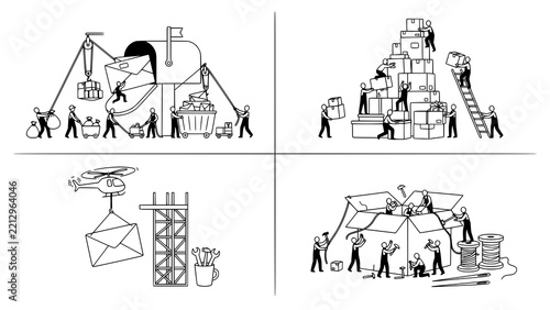 Set of courier services and logistics scenes with tiny workers and boxes