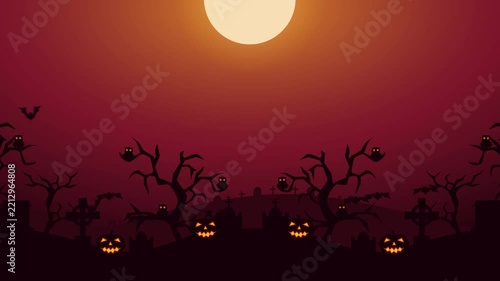 Halloween Background Video 4k with Full Moon Graveyard Silhouette Jack-O-Lanterns and Flying Bats