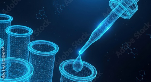 Digital wireframe laboratory pipette dropping liquid into test tubes on dark blue background