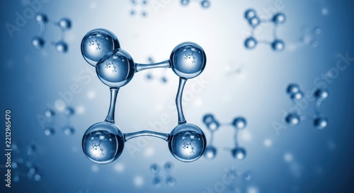 Blue molecular structure model with spheres and connecting bonds on blurred background