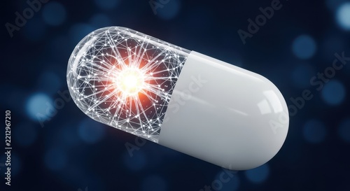 White medical capsule with a glowing network of light nodes inside against a dark bokeh background