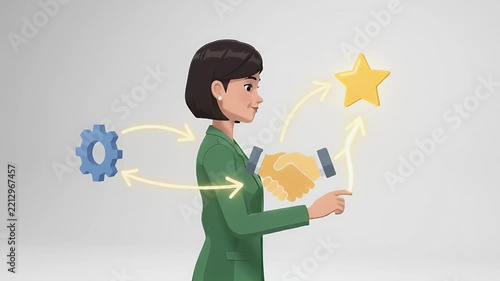 Woman interacting with glowing arrow diagram connecting gear, handshake, and star icons, representing business process, partnership, success, and strategy