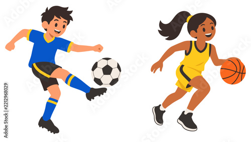 Obraz na plátně Boy kicking a soccer ball as a girl dribbles a basketball