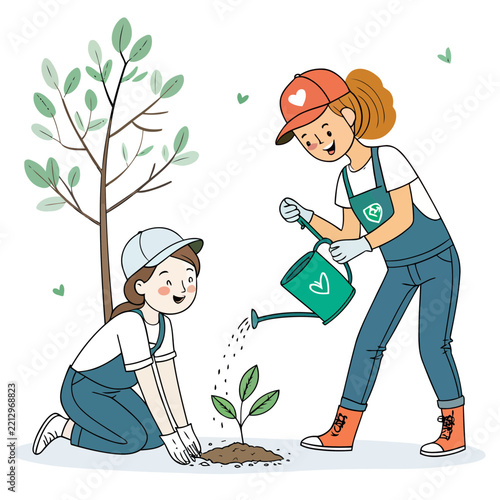 Two women volunteering to water young tree sapling in nature for environmental protection program illustration.