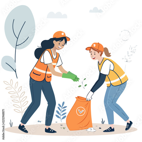 Two women volunteers cleaning up litter in a park with a bag and gloves outdoors.