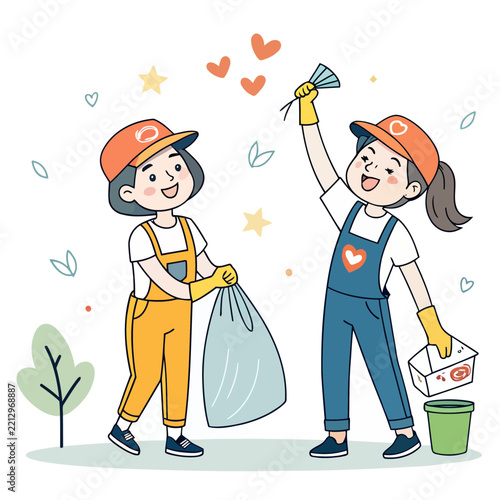 Two cartoon girls in volunteer uniforms cleaning up trash and recycling waste.