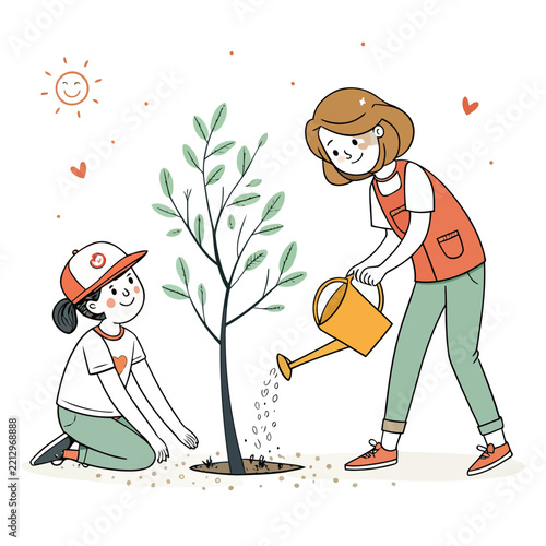 Mother and daughter planting and watering young tree in garden.