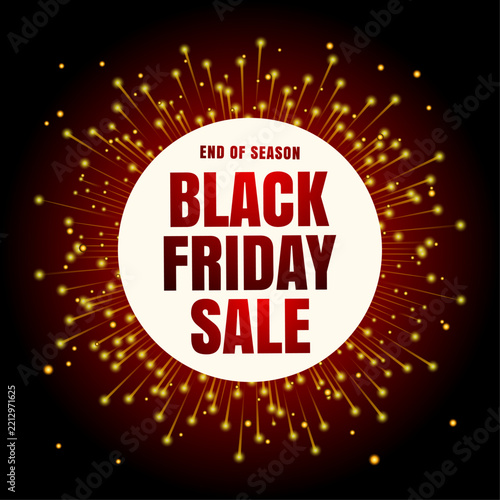 Festive black friday sale background featuring a circular frame with glowing golden fireworks and sparkles