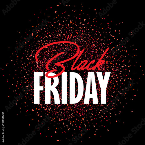 Elegant black friday sale banner featuring red glitter confetti background and bold typography for retail marketing