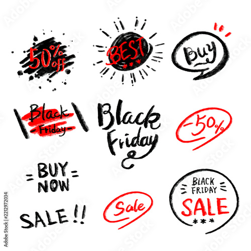 Set of hand drawn black friday sale labels and promotional badges for retail marketing campaigns