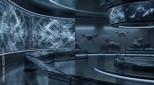 Futuristic Drone Laboratory with Curved Digital Displays