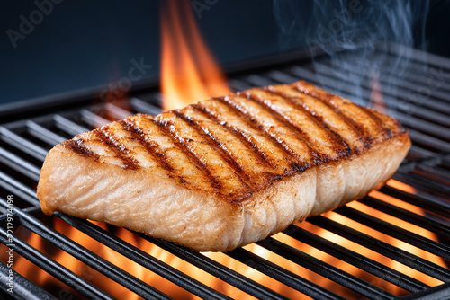 Fish fillet on the barbecue grill with fire and smoke