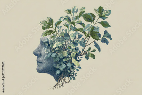 A surrealistic portrait of a human head with green plants growing from the mind, symbolizing growth, creativity, mental health, and a connection to nature.