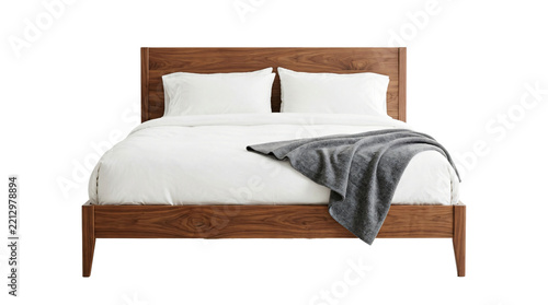 Modern wooden double bed featuring crisp white linens and a grey throw blanket on transparent background