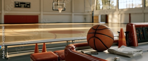 Basketball on scorer table at empty gym court with whistle towel and cones for sports design poster background and event promotion