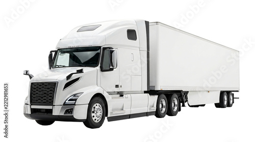 Modern heavy-duty white semi truck with cargo trailer parked isolated on transparent background