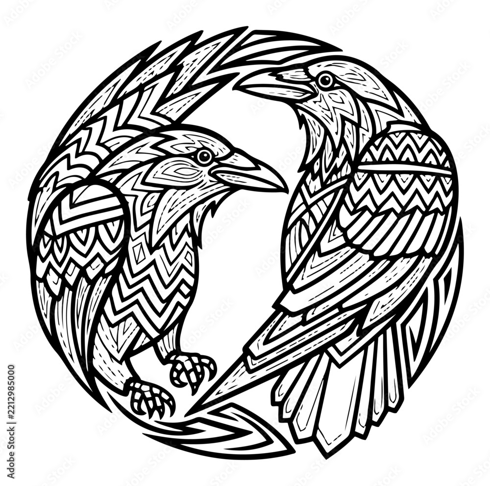 Fototapeta premium Two ravens in circular composition with ornamental linework